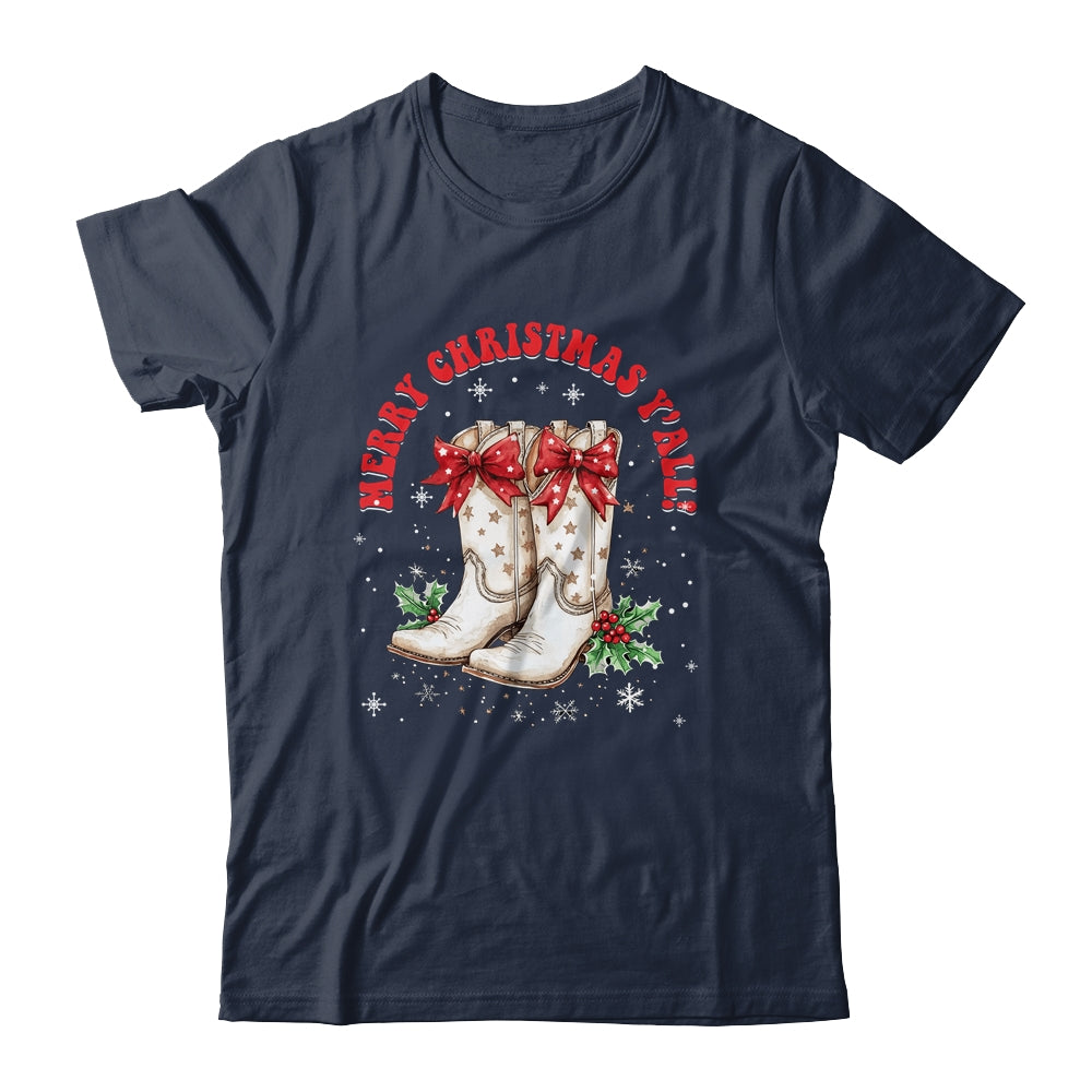 Merry Christmas Y'all Howdy Christmas Boots Cowgirl Coquette Shirt & Sweatshirt | siriusteestore