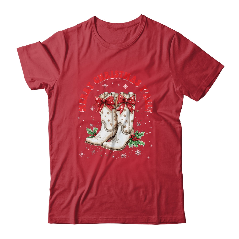 Merry Christmas Y'all Howdy Christmas Boots Cowgirl Coquette Shirt & Sweatshirt | siriusteestore