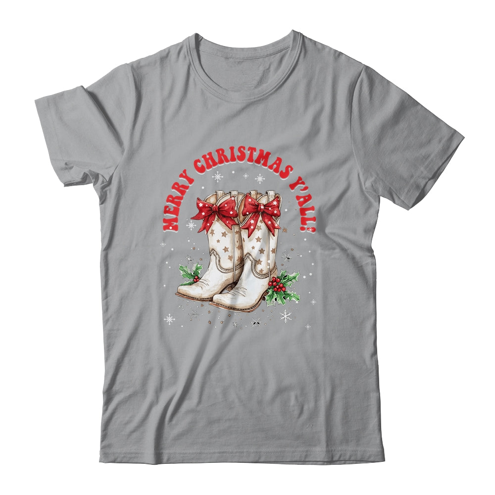 Merry Christmas Y'all Howdy Christmas Boots Cowgirl Coquette Shirt & Sweatshirt | siriusteestore