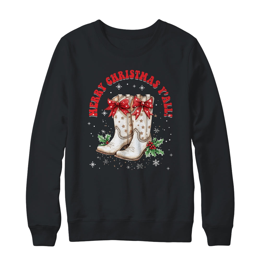 Merry Christmas Y'all Howdy Christmas Boots Cowgirl Coquette Shirt & Sweatshirt | siriusteestore