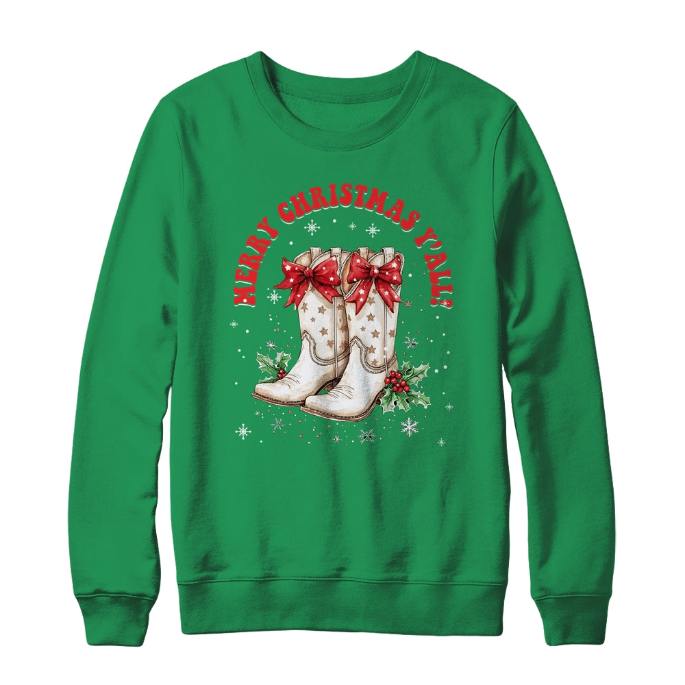 Merry Christmas Y'all Howdy Christmas Boots Cowgirl Coquette Shirt & Sweatshirt | siriusteestore