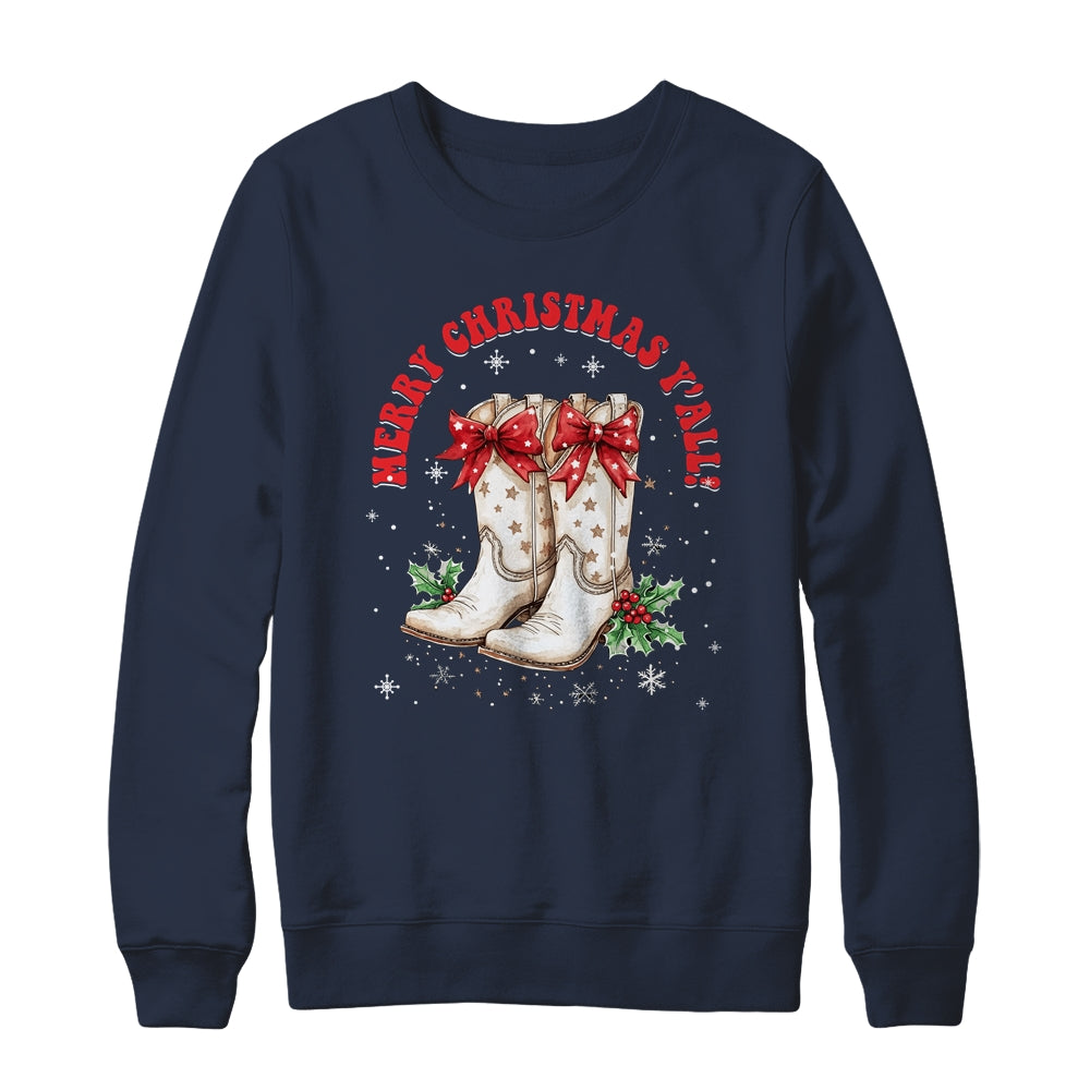Merry Christmas Y'all Howdy Christmas Boots Cowgirl Coquette Shirt & Sweatshirt | siriusteestore