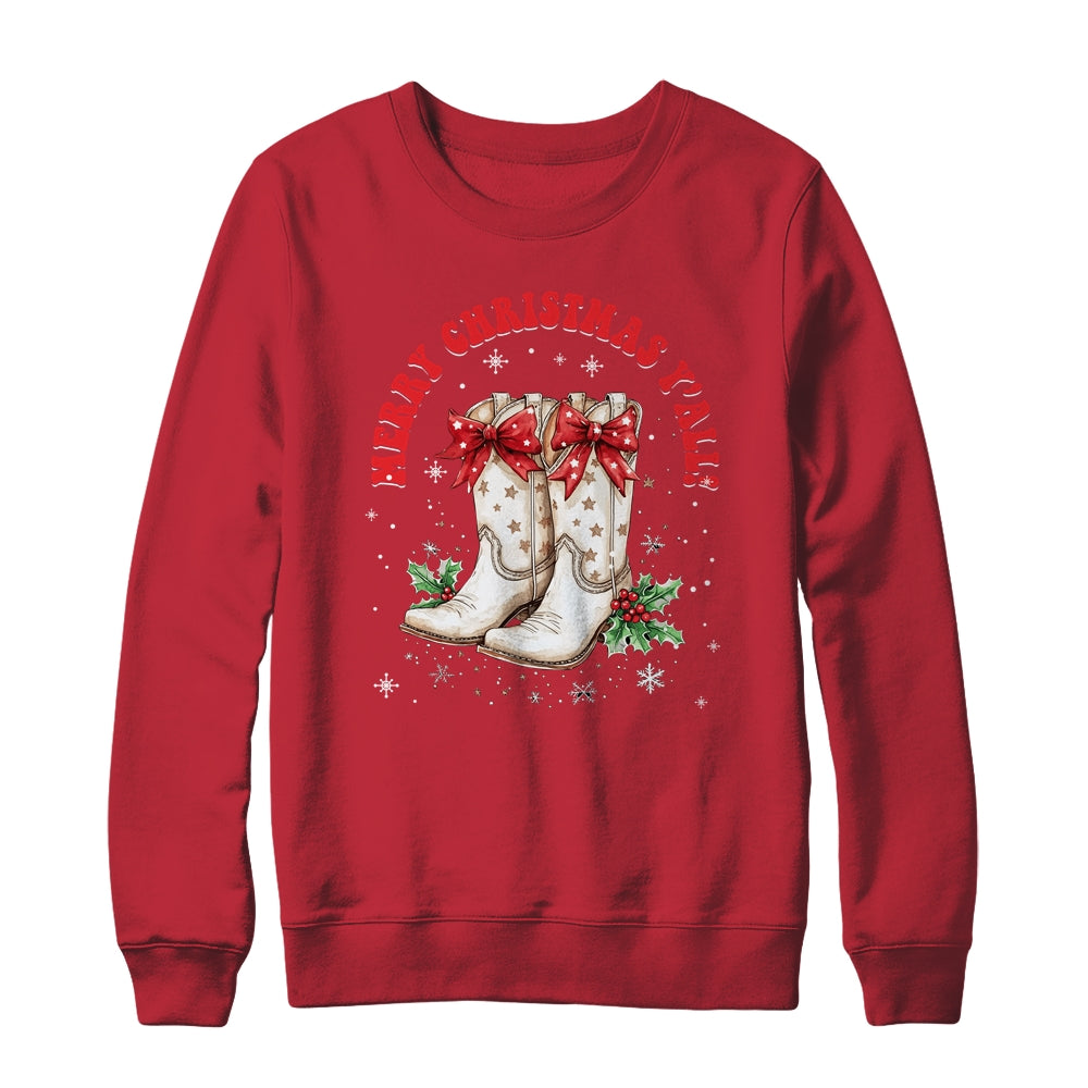 Merry Christmas Y'all Howdy Christmas Boots Cowgirl Coquette Shirt & Sweatshirt | siriusteestore