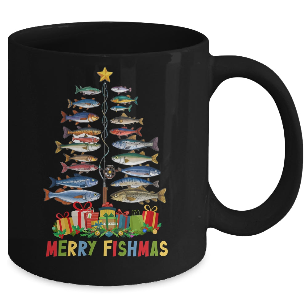 Merry Fishmas Funny Christmas Tree Lights Fishing Rod Fish Mug | siriusteestore