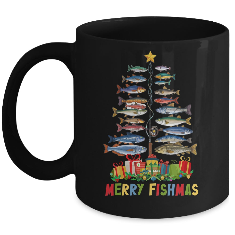 Merry Fishmas Funny Christmas Tree Lights Fishing Rod Fish Mug | siriusteestore