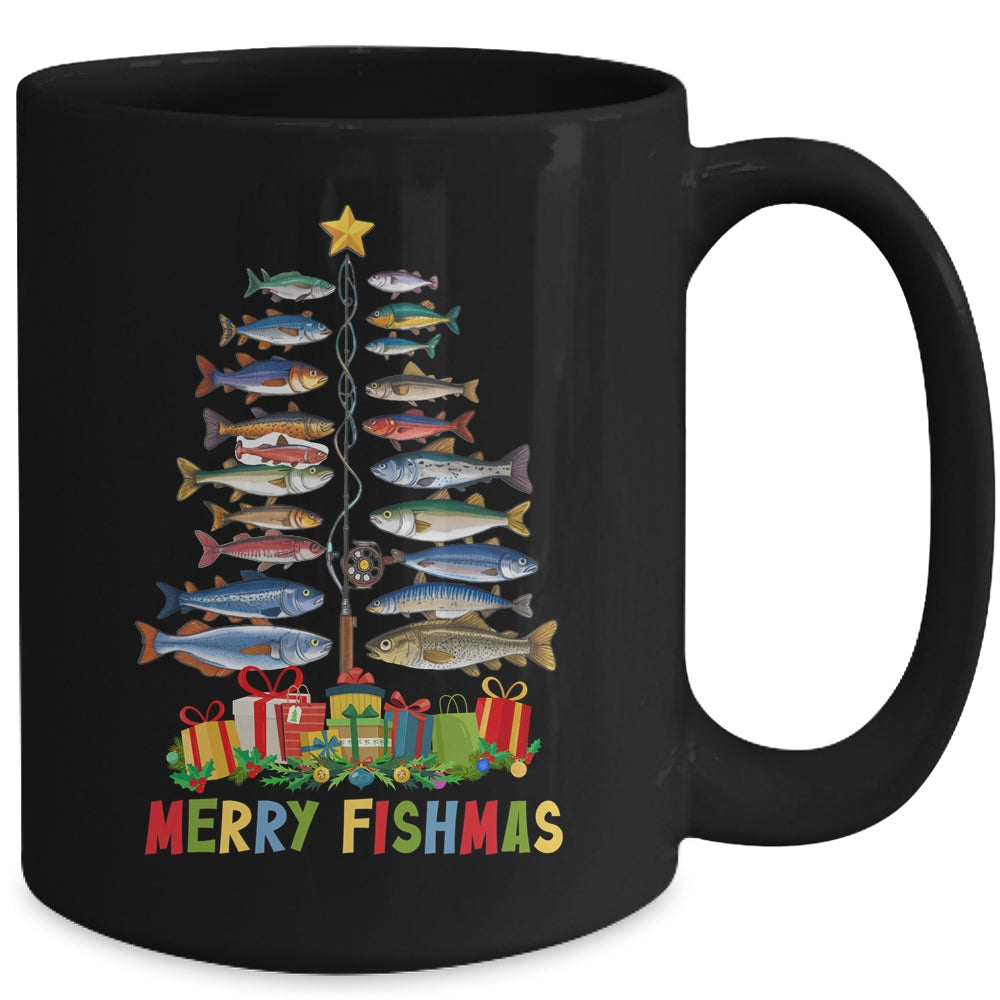 Merry Fishmas Funny Christmas Tree Lights Fishing Rod Fish Mug | siriusteestore