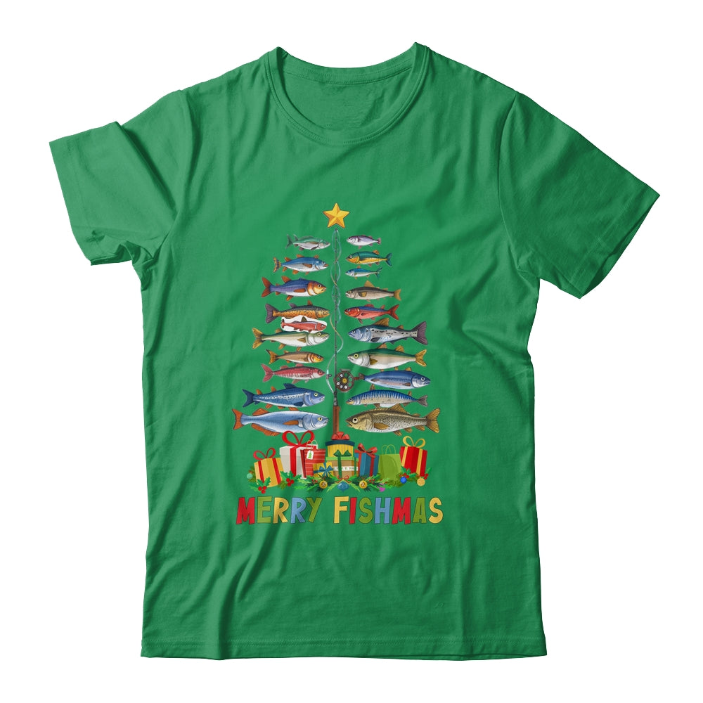Merry Fishmas Funny Christmas Tree Lights Fishing Rod Fish Shirt & Sweatshirt | siriusteestore