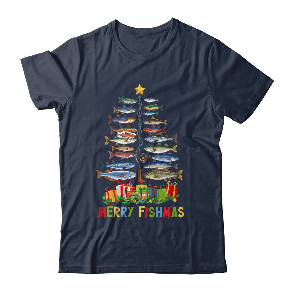 Merry Fishmas Funny Christmas Tree Lights Fishing Rod Fish Shirt & Sweatshirt | siriusteestore