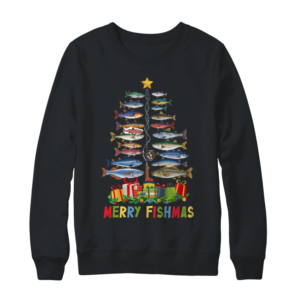 Merry Fishmas Funny Christmas Tree Lights Fishing Rod Fish Shirt & Sweatshirt | siriusteestore