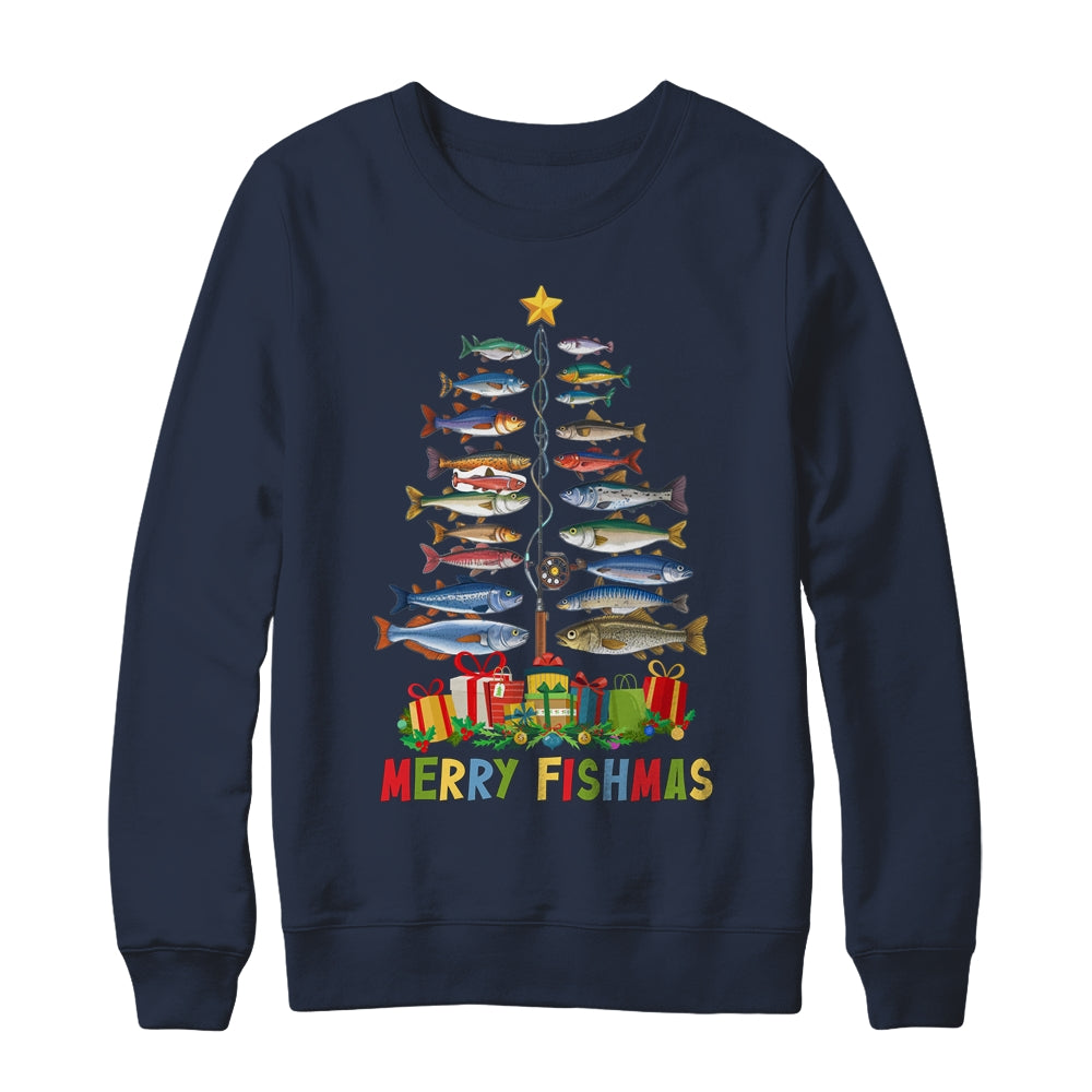 Merry Fishmas Funny Christmas Tree Lights Fishing Rod Fish Shirt & Sweatshirt | siriusteestore