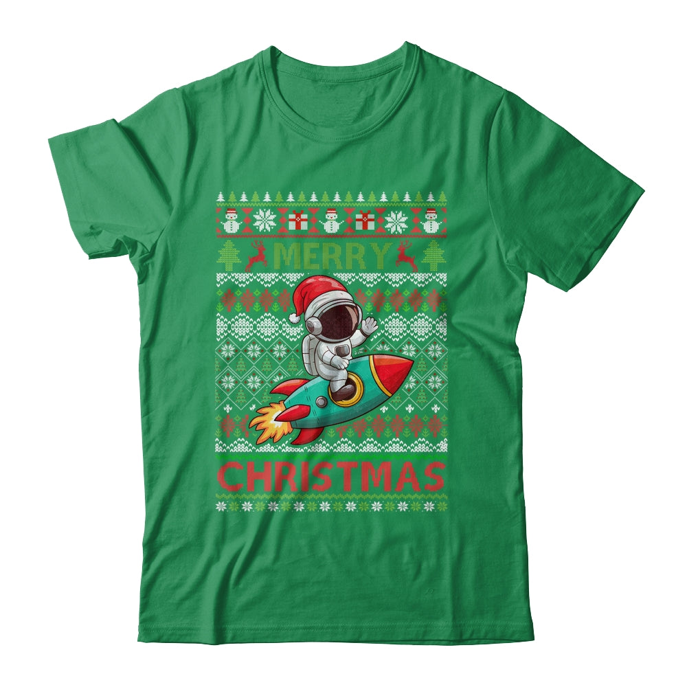 Merry Ugly Christmas Santa Hat Astronaut Riding Rocket Xmas Shirt & Sweatshirt | siriusteestore