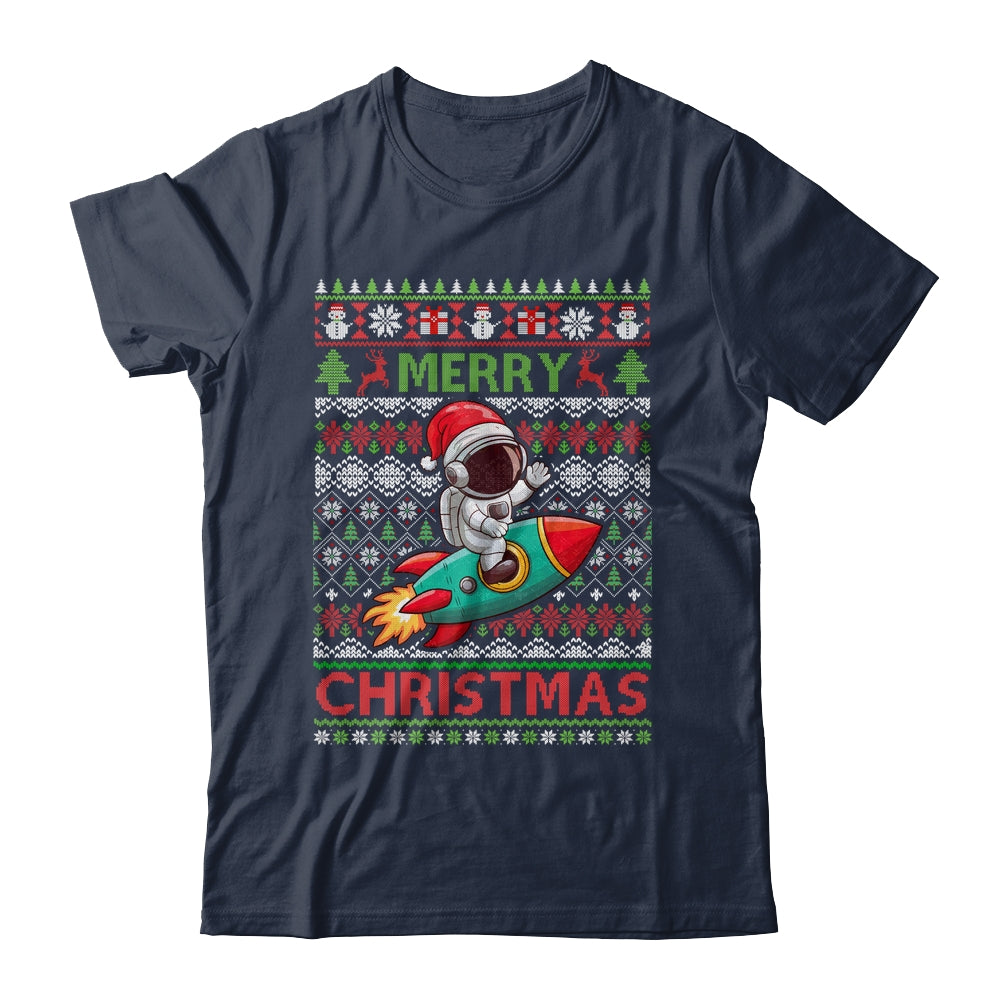 Merry Ugly Christmas Santa Hat Astronaut Riding Rocket Xmas Shirt & Sweatshirt | siriusteestore
