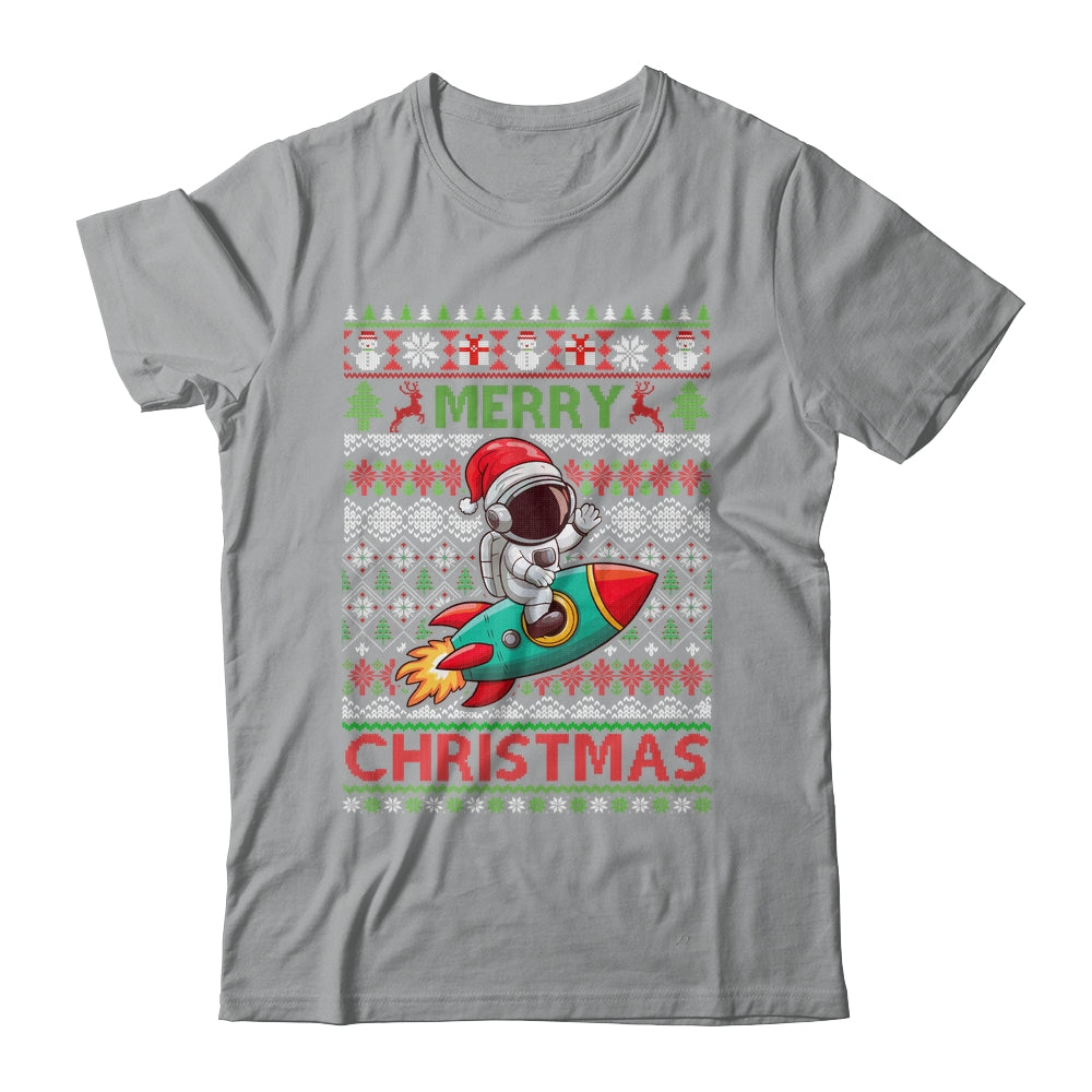 Merry Ugly Christmas Santa Hat Astronaut Riding Rocket Xmas Shirt & Sweatshirt | siriusteestore