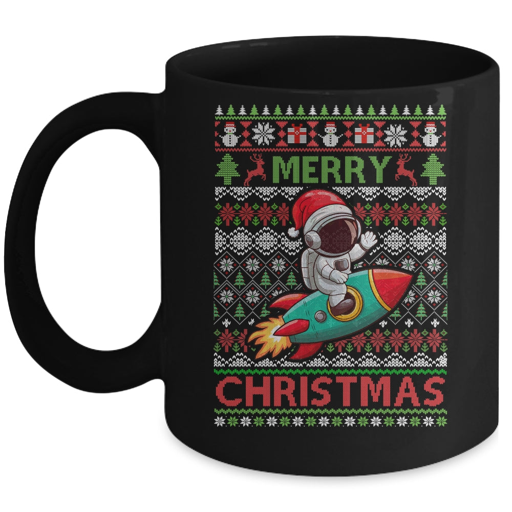 Merry Ugly Christmas Santa Hat Astronaut Riding Rocket Xmas Mug | siriusteestore