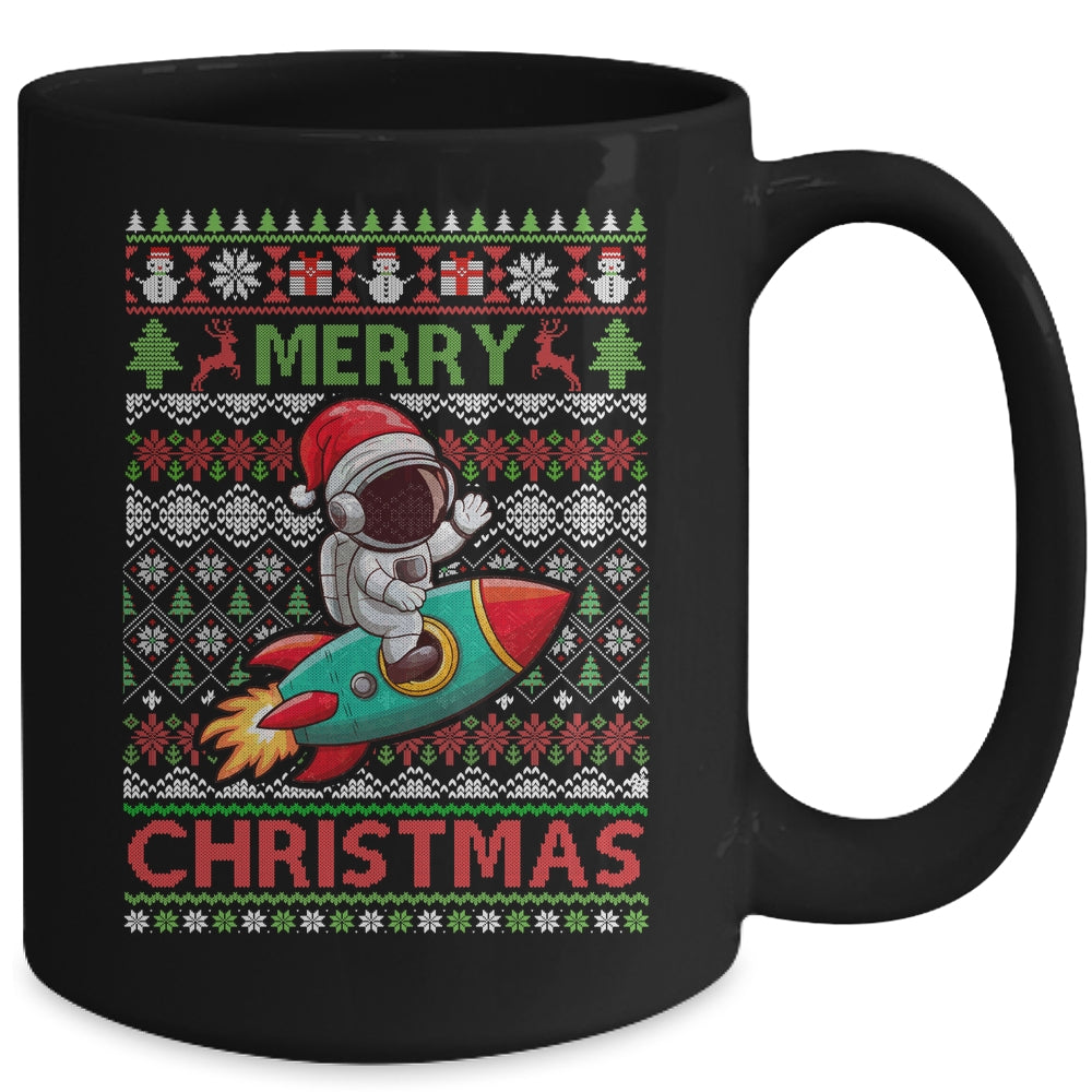Merry Ugly Christmas Santa Hat Astronaut Riding Rocket Xmas Mug | siriusteestore