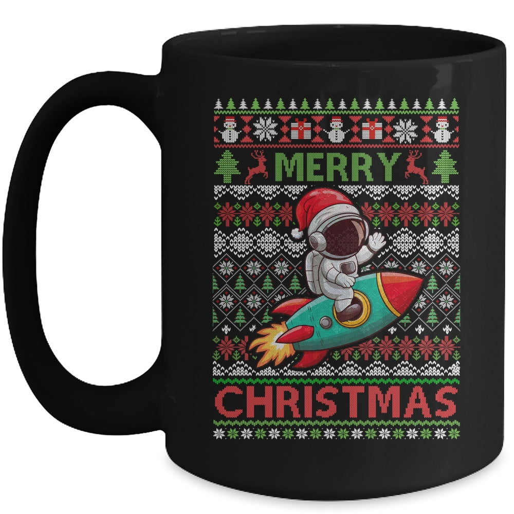 Merry Ugly Christmas Santa Hat Astronaut Riding Rocket Xmas Mug | siriusteestore
