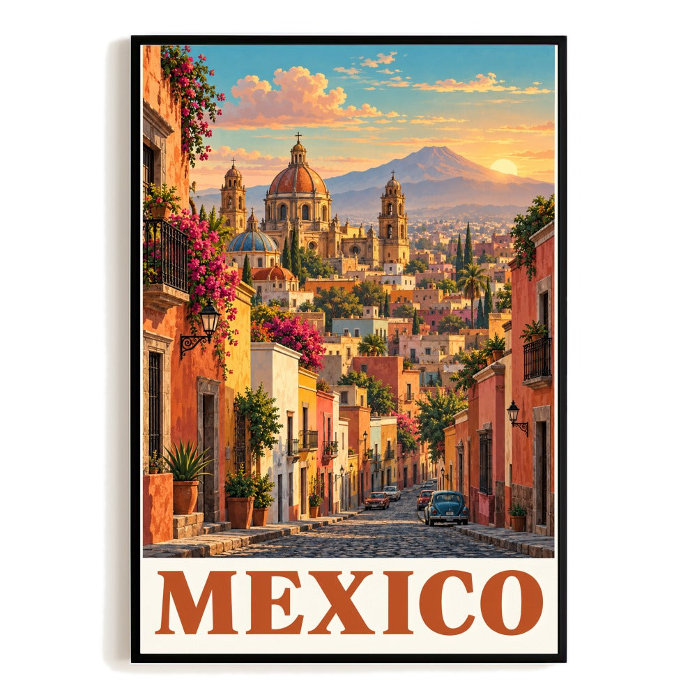 Mexico Colonial City Cathedral Volcano Travel Poster Vintage Architecture Wall Art Print Colorful Latin Landscape Decor For Home Living Room Office Bedroom Gift Unframed | siriusteestore