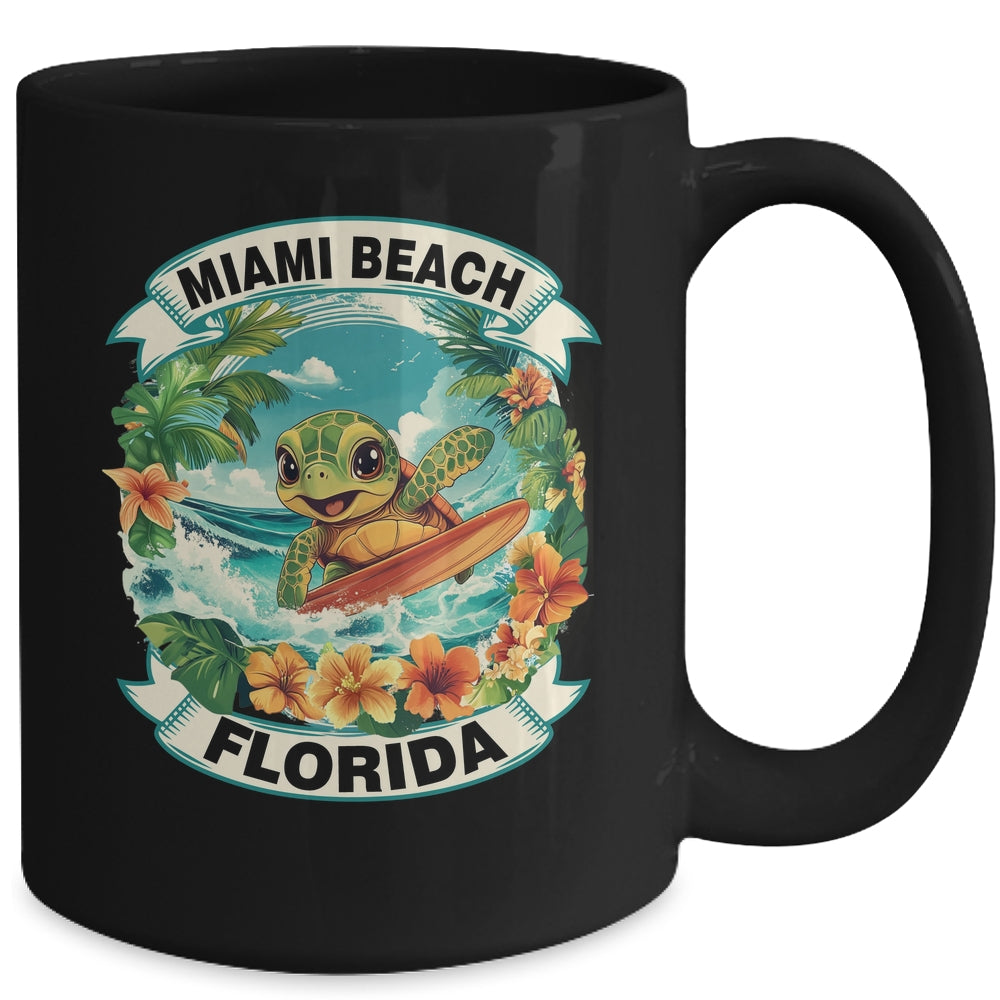 Miami Beach Florida Cute Sea Turtle Surfing Summer Vacation Mug | siriusteestore