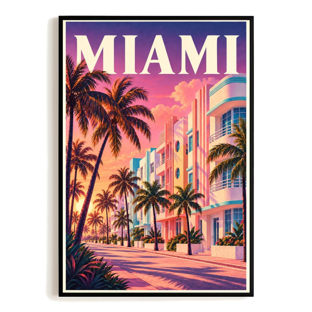 Miami Florida South Beach Palm Trees Vintage Travel Poster Wall Art Print Art Deco Coastal Cityscape Tropical Souvenir Decor For Home Living Room Office Bedroom Unframed | siriusteestore