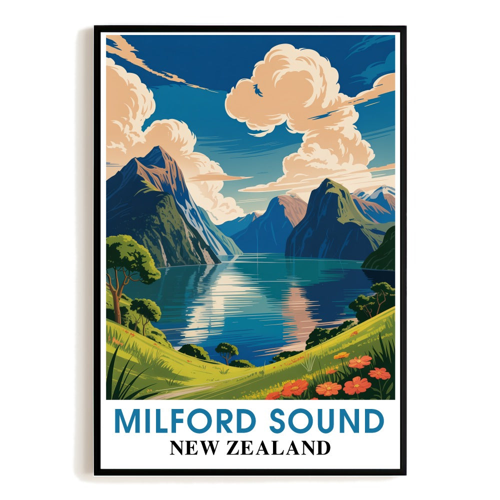 Milford Sound New Zealand Print Vintage Travel Poster Stunning Fiord Views Souvenir Wall Art Deco Landscape Painting For Home Decor Living Room Office Bedroom Unframed | siriusteestore