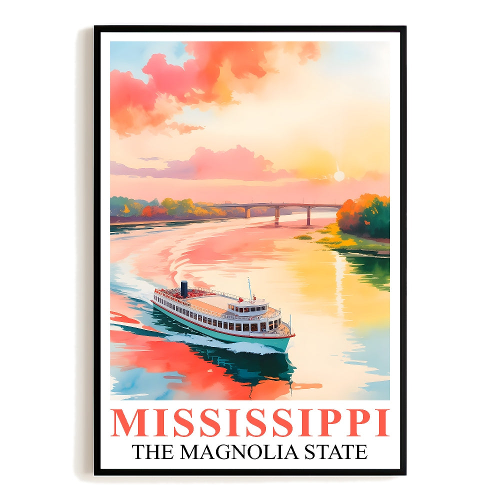 Mississippi Print Travel Poster Boating River Sunset Magnolia State Souvenir Wall Art Landscape Painting Ideal Gift For Home Living Room Office Bedroom Decor Unframed | siriusteestore