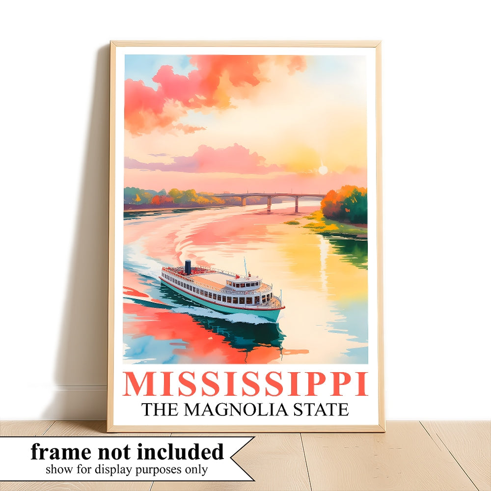 Mississippi Print Travel Poster Boating River Sunset Magnolia State Souvenir Wall Art Landscape Painting Ideal Gift For Home Living Room Office Bedroom Decor Unframed | siriusteestore