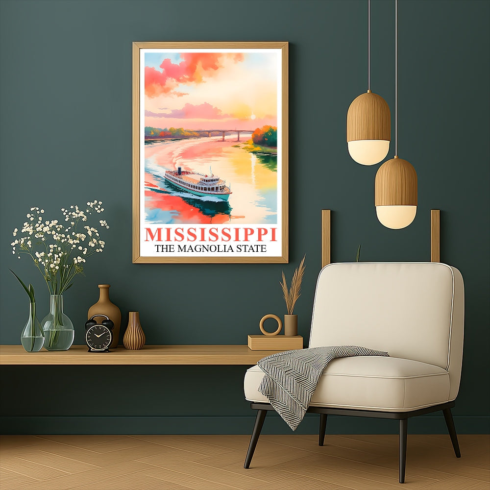 Mississippi Print Travel Poster Boating River Sunset Magnolia State Souvenir Wall Art Landscape Painting Ideal Gift For Home Living Room Office Bedroom Decor Unframed | siriusteestore