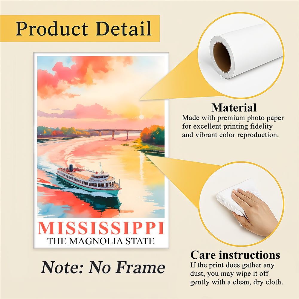Mississippi Print Travel Poster Boating River Sunset Magnolia State Souvenir Wall Art Landscape Painting Ideal Gift For Home Living Room Office Bedroom Decor Unframed | siriusteestore