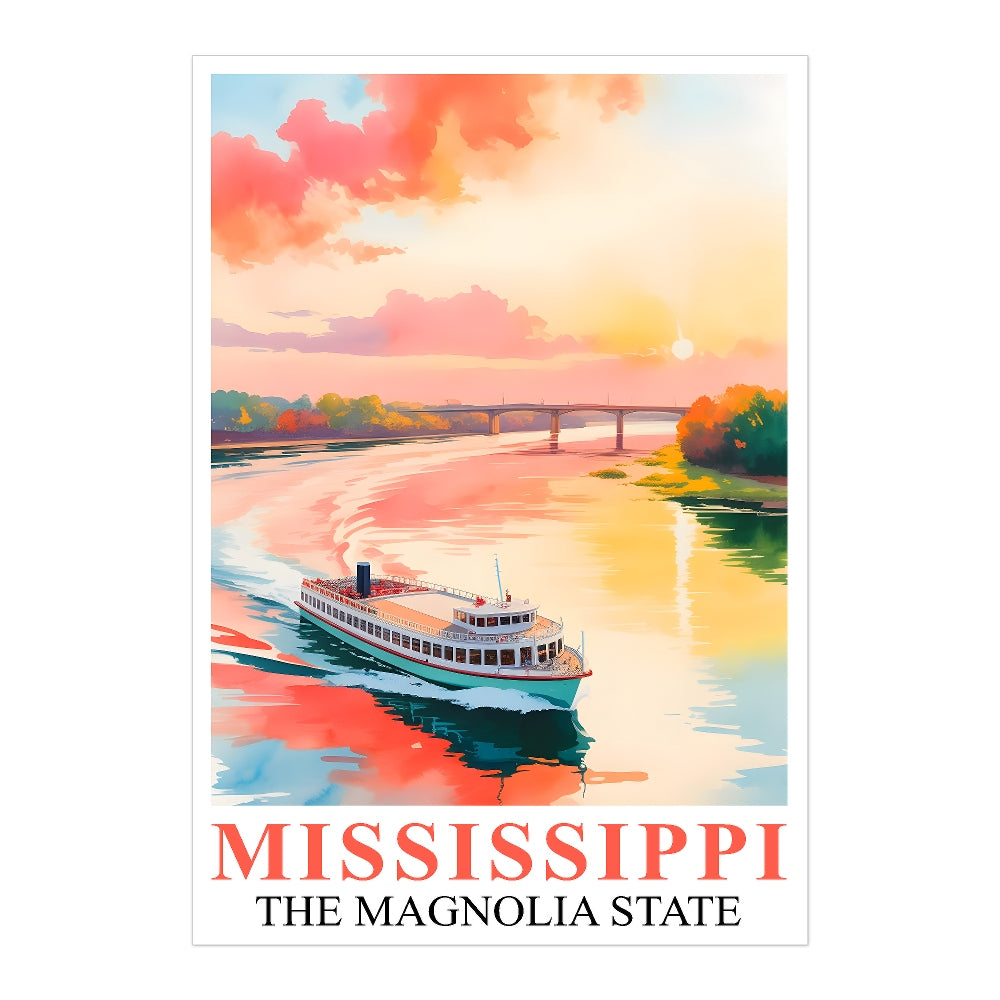 Mississippi Print Travel Poster Boating River Sunset Magnolia State Souvenir Wall Art Landscape Painting Ideal Gift For Home Living Room Office Bedroom Decor Unframed | siriusteestore