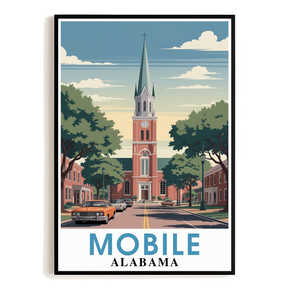 Mobile Alabama Vintage Travel Poster Cathedral Church Street Scene Wall Art Decor Landscape Print Painting Ideal For Home Office Living Room Bedroom Decor Unframed | siriusteestore