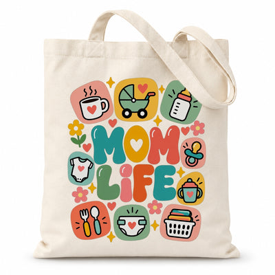 Mom Life Tote Bag Aesthetic Canvas Shoulder Bag With Cute Baby Icons Coffee Wine Pacifier Design Gifts For Mommy Friend New Mom Women Mothers Day Birthday Present | siriusteestore