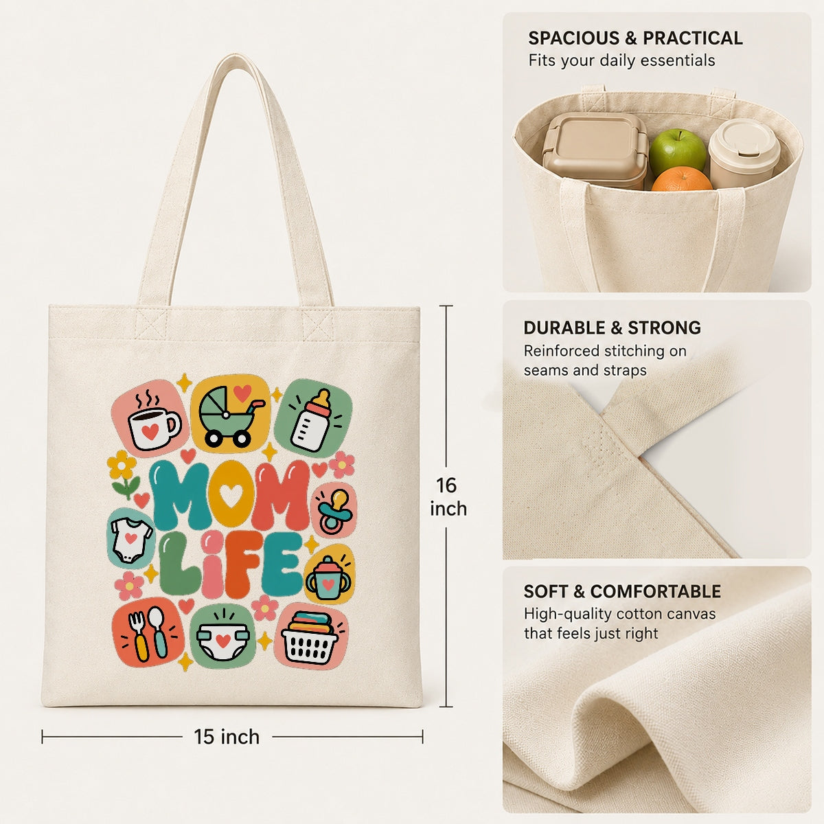 Mom Life Tote Bag Aesthetic Canvas Shoulder Bag With Cute Baby Icons Coffee Wine Pacifier Design Gifts For Mommy Friend New Mom Women Mothers Day Birthday Present | siriusteestore