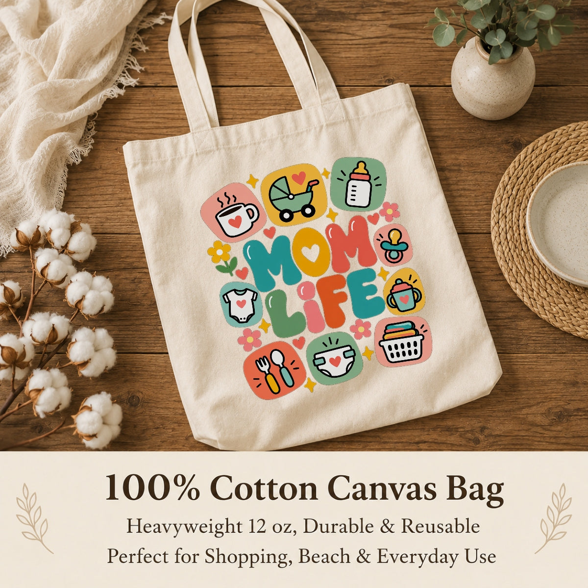 Mom Life Tote Bag Aesthetic Canvas Shoulder Bag With Cute Baby Icons Coffee Wine Pacifier Design Gifts For Mommy Friend New Mom Women Mothers Day Birthday Present | siriusteestore