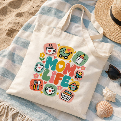 Mom Life Tote Bag Aesthetic Canvas Shoulder Bag With Cute Baby Icons Coffee Wine Pacifier Design Gifts For Mommy Friend New Mom Women Mothers Day Birthday Present | siriusteestore
