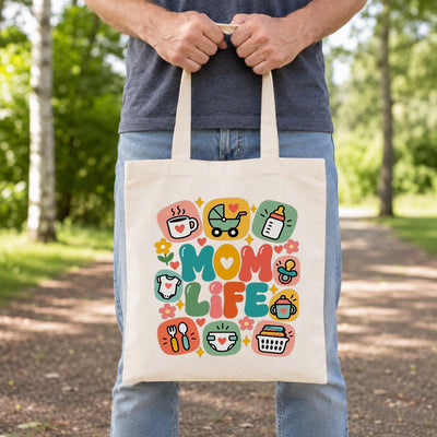 Mom Life Tote Bag Aesthetic Canvas Shoulder Bag With Cute Baby Icons Coffee Wine Pacifier Design Gifts For Mommy Friend New Mom Women Mothers Day Birthday Present | siriusteestore