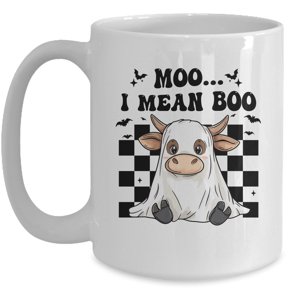 Moo I Mean Boo Spooky Highland Cow Halloween Ghost Costume Mug | siriusteestore