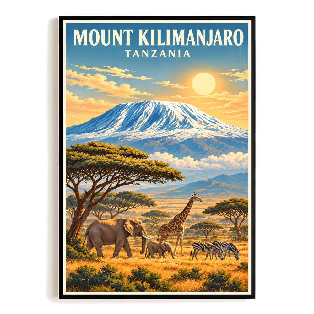 Mount Kilimanjaro Tanzania Travel Poster Vintage African Savanna Wall Art Print Mountain Wildlife Landscape Souvenir Decor For Home Office Bedroom Gift Unframed | siriusteestore