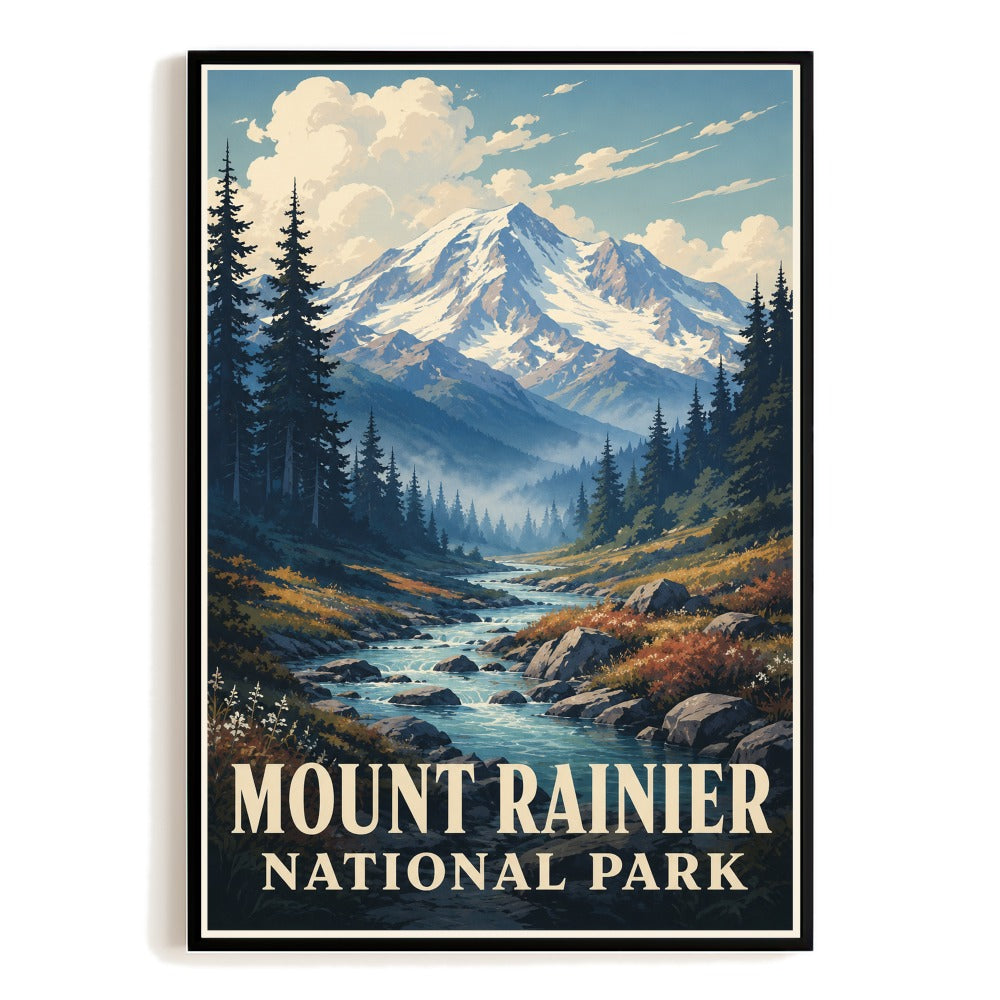 Mount Rainier National Park Travel Poster Retro Mountain Landscape Wall Art Vintage Nature Lovers Print Home Office Living Room Bedroom Decor Souvenir Gift Unframed | siriusteestore