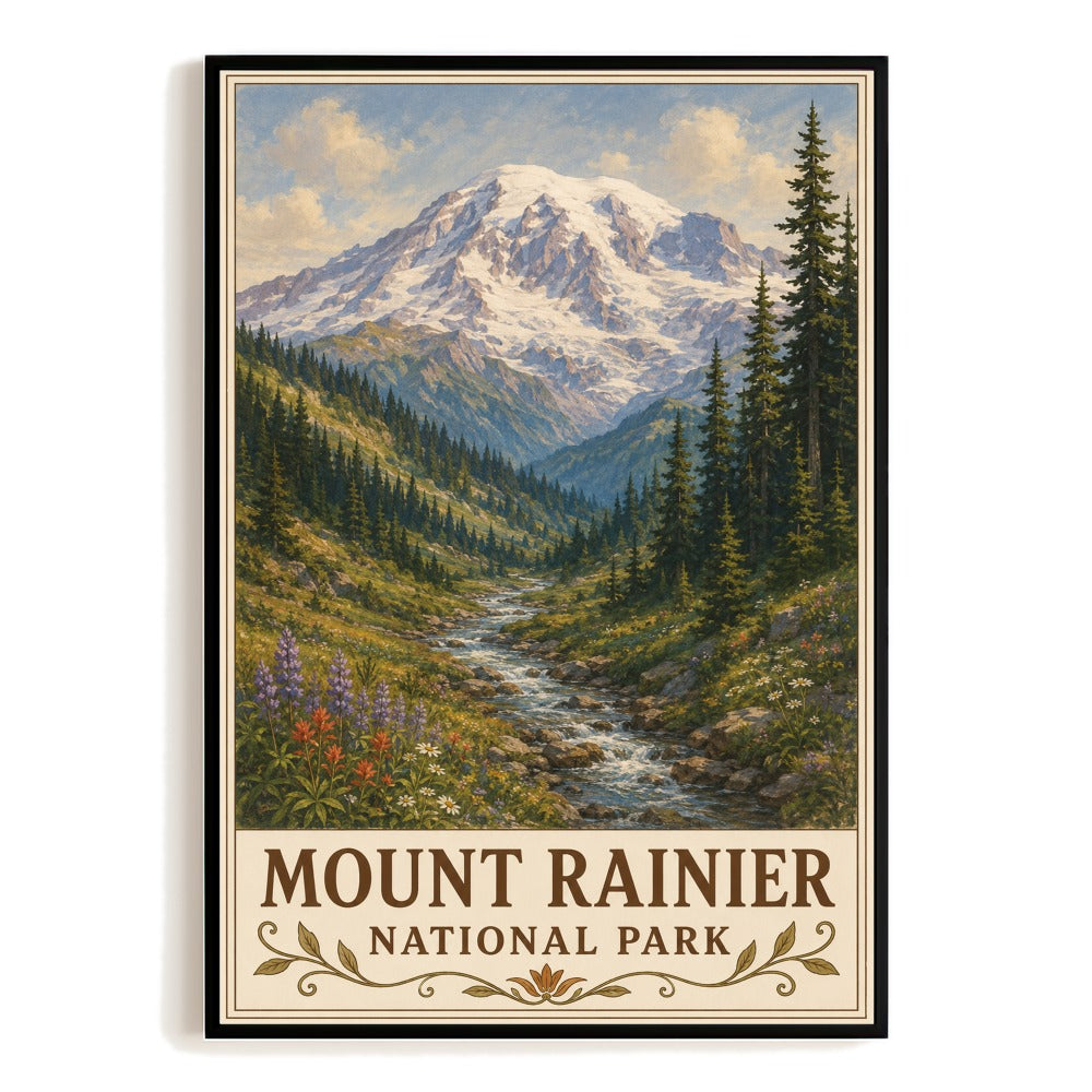 Mount Rainier National Park Vintage Watercolor Wall Art Poster Mountain Landscape Nature Decor Pacific Northwest Forest Stream Wildflower Print Home Gift Unframed | siriusteestore