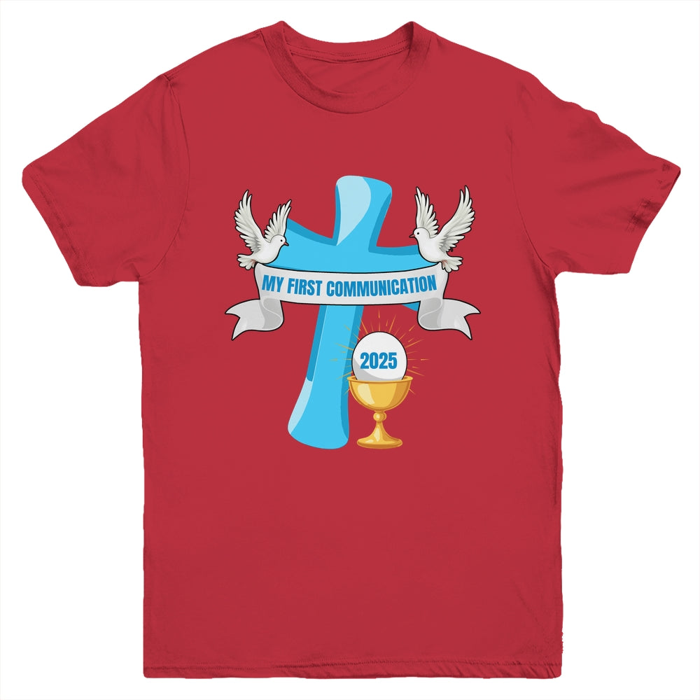 My First Communion 2025 Cross Chalice Eucharist Grandson Boy Youth Shirt | siriusteestore