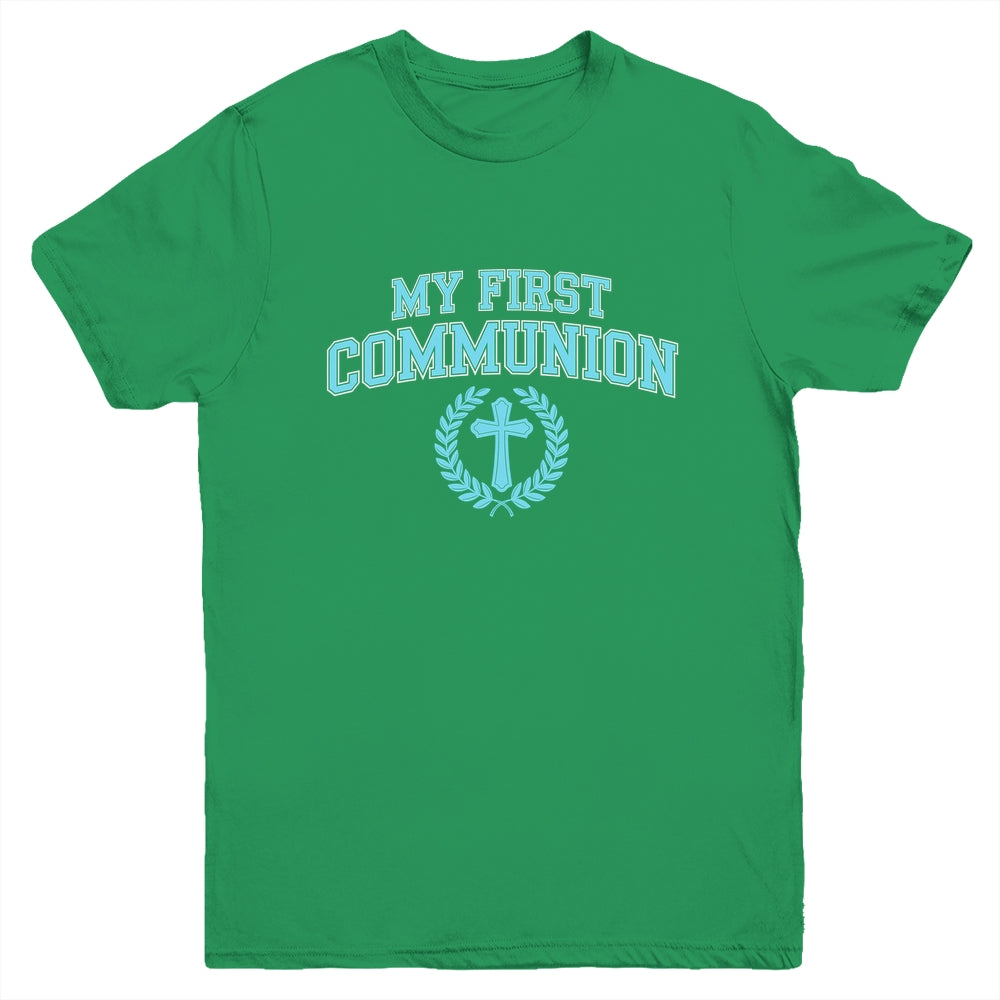 My First Communion Boys Catholic Religious Cross Blue Youth Shirt | siriusteestore