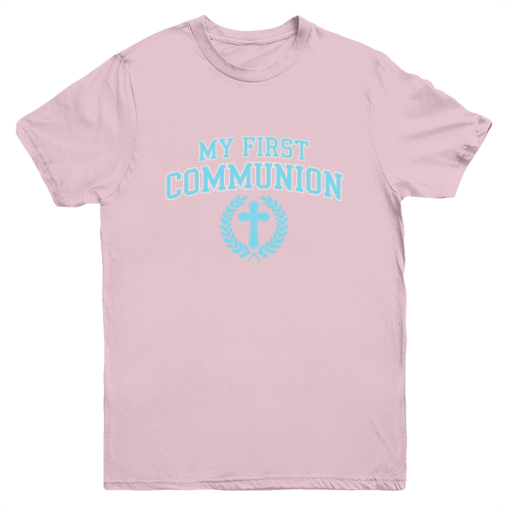My First Communion Boys Catholic Religious Cross Blue Youth Shirt | siriusteestore