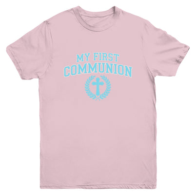 My First Communion Boys Catholic Religious Cross Blue Youth Shirt | siriusteestore