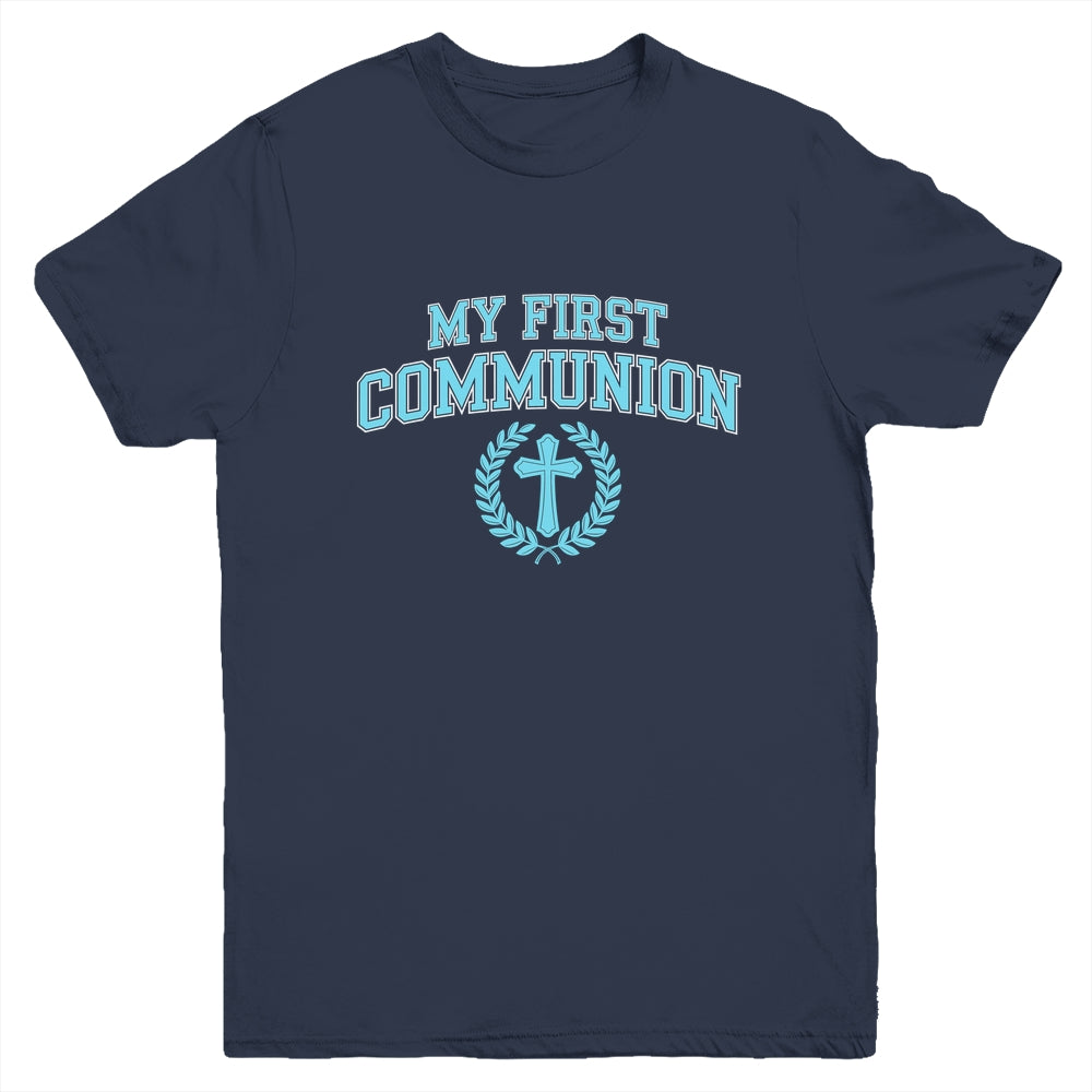 My First Communion Boys Catholic Religious Cross Blue Youth Shirt | siriusteestore