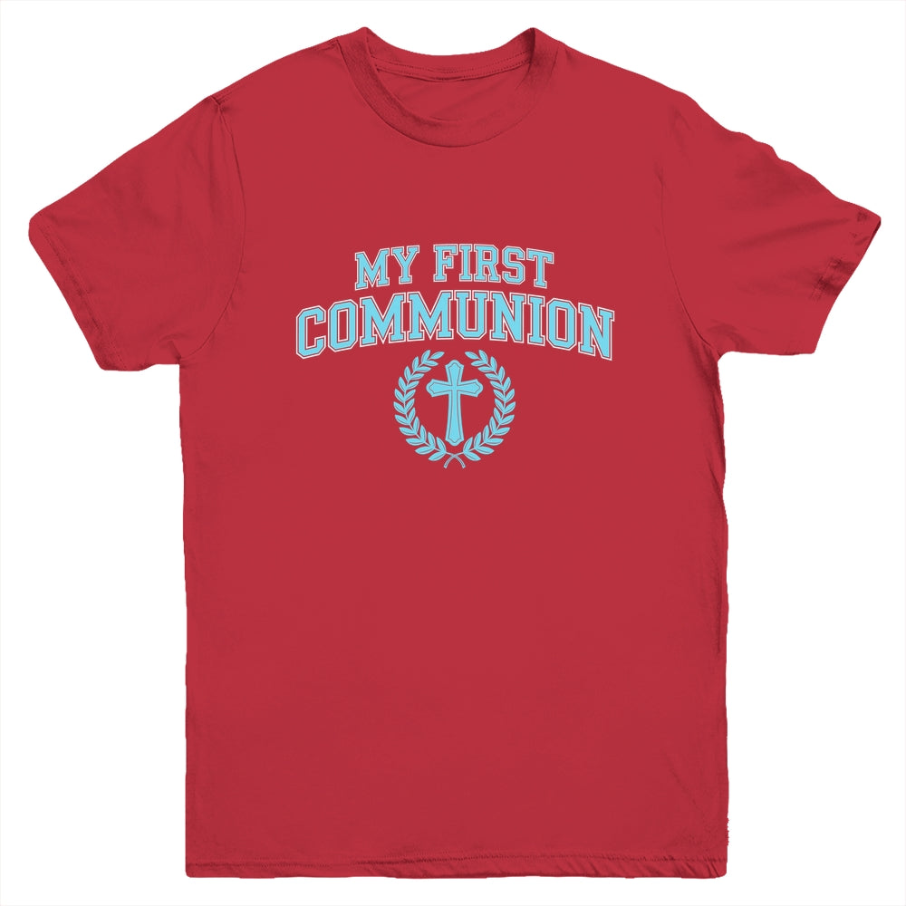 My First Communion Boys Catholic Religious Cross Blue Youth Shirt | siriusteestore