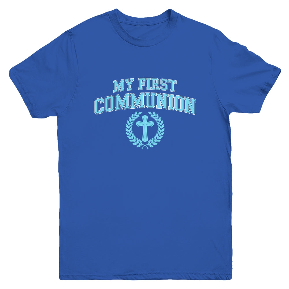 My First Communion Boys Catholic Religious Cross Blue Youth Shirt | siriusteestore