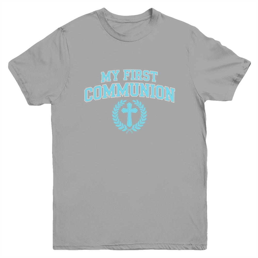 My First Communion Boys Catholic Religious Cross Blue Youth Shirt | siriusteestore
