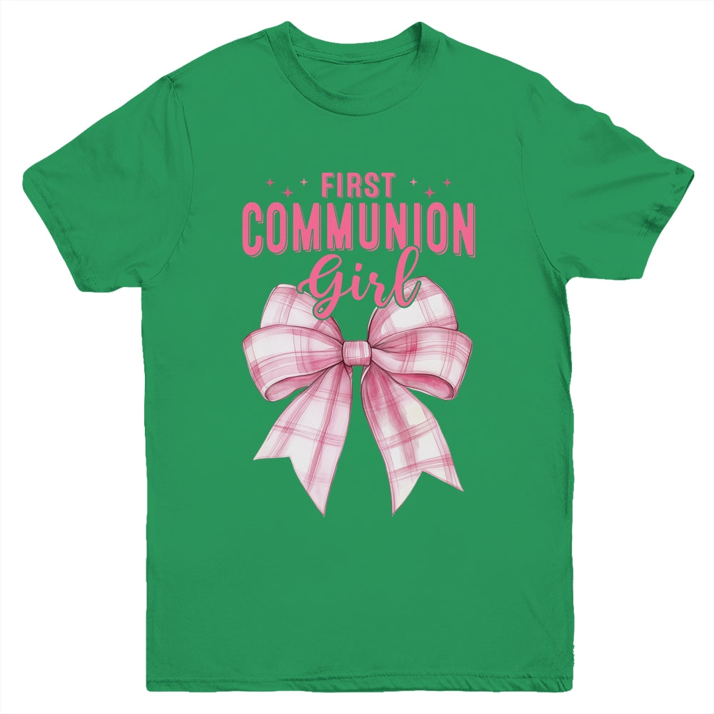 My First Communion Girls Pink Coquette Bow Christian Cute Youth Shirt | siriusteestore