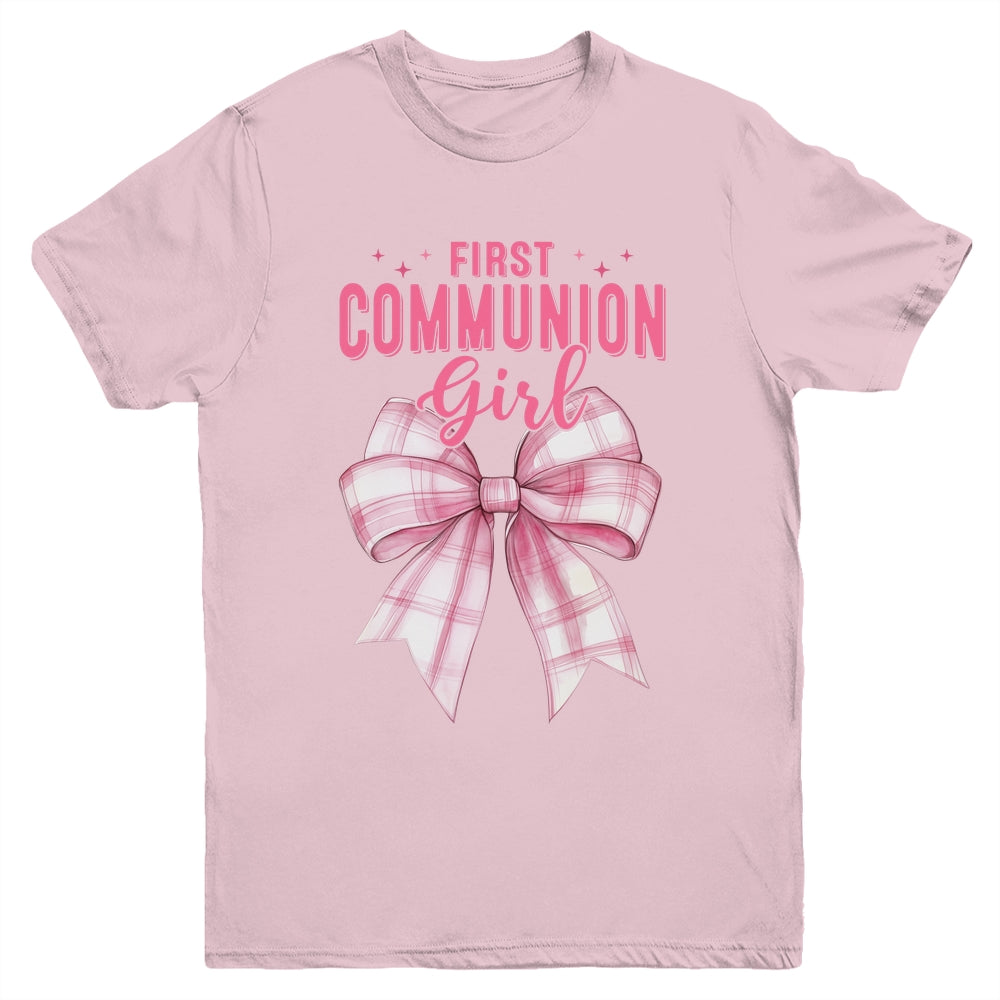 My First Communion Girls Pink Coquette Bow Christian Cute Youth Shirt | siriusteestore
