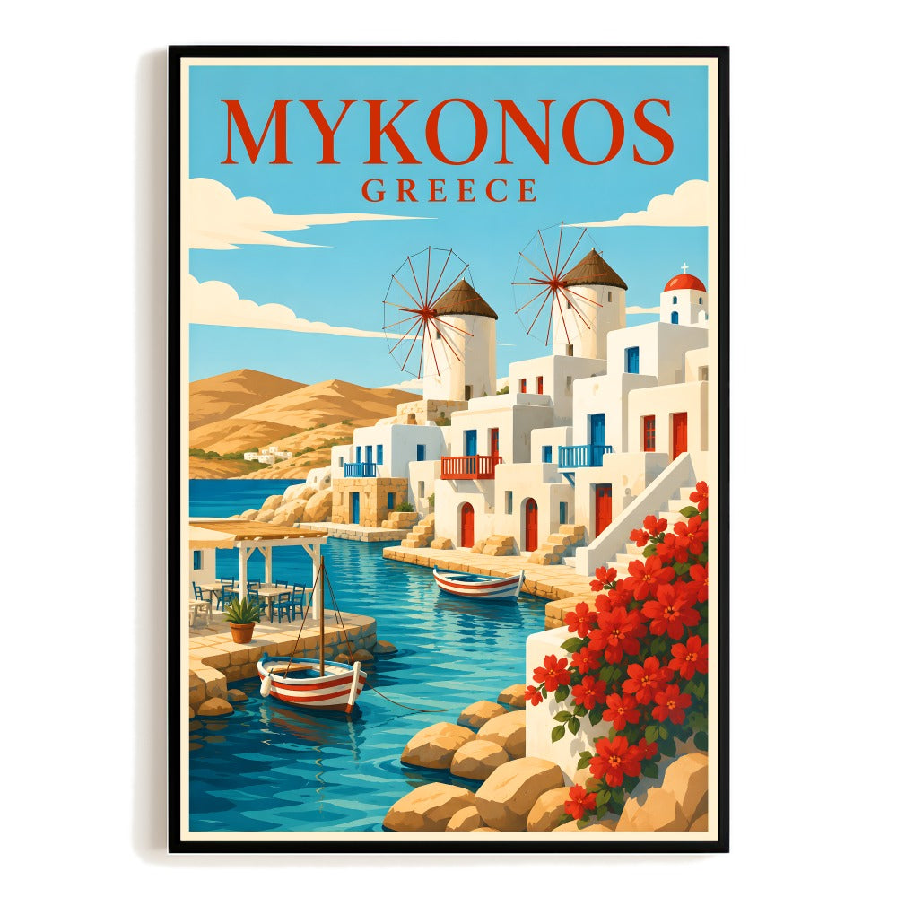 Mykonos Greece Travel Poster Mediterranean Windmills Island Wall Art Vintage Landscape Print Painting Ideal For Home Living Room Office Bedroom Kitchen Decor Unframed | siriusteestore